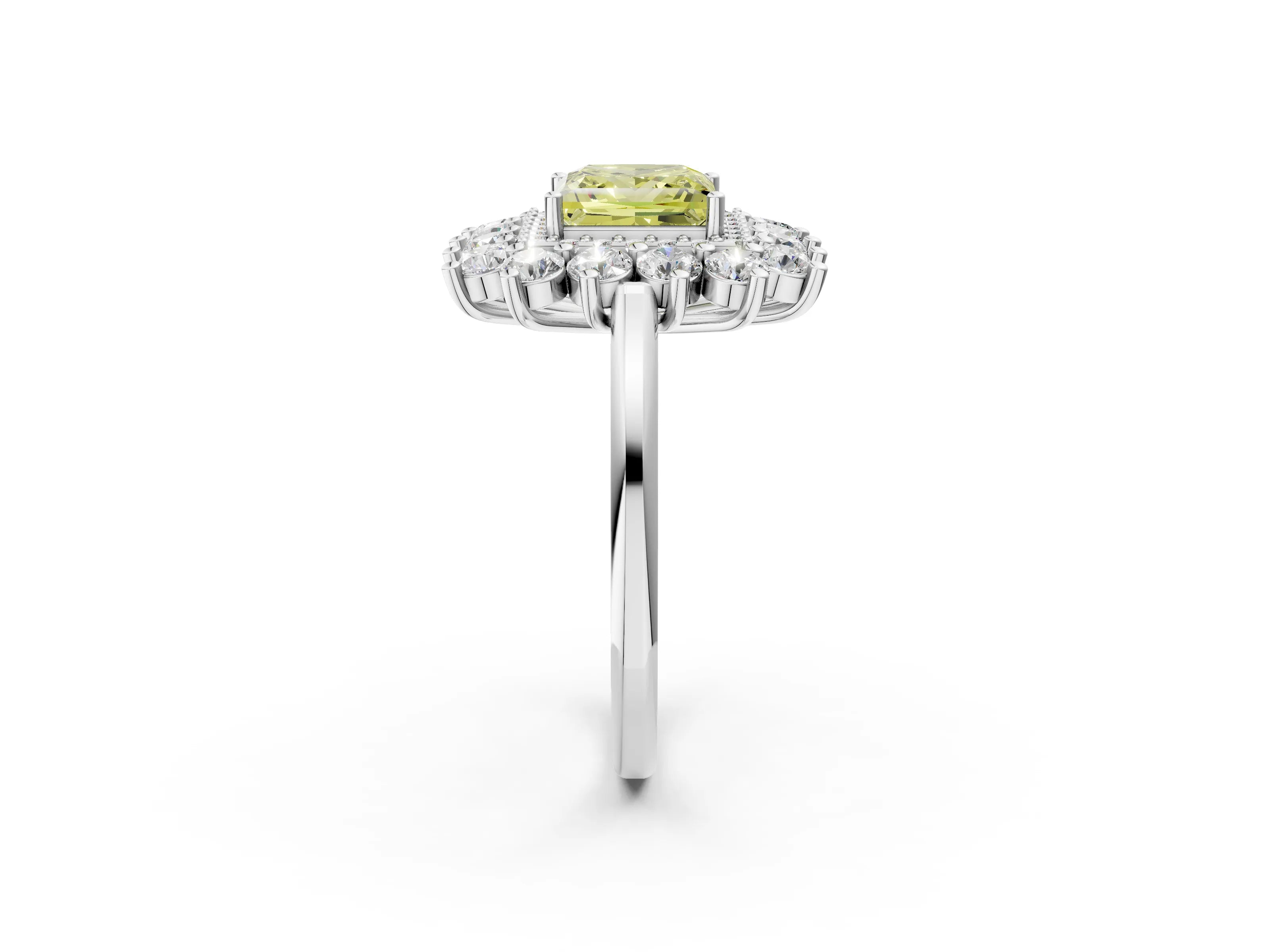 White gold Fancy Yellow Princess Cut Halo Cluster Diamond Ring with Pave Band and Four-Prong Setting_14