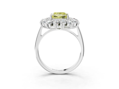White gold Fancy Yellow Princess Cut Halo Cluster Diamond Ring with Pave Band and Four-Prong Setting_15