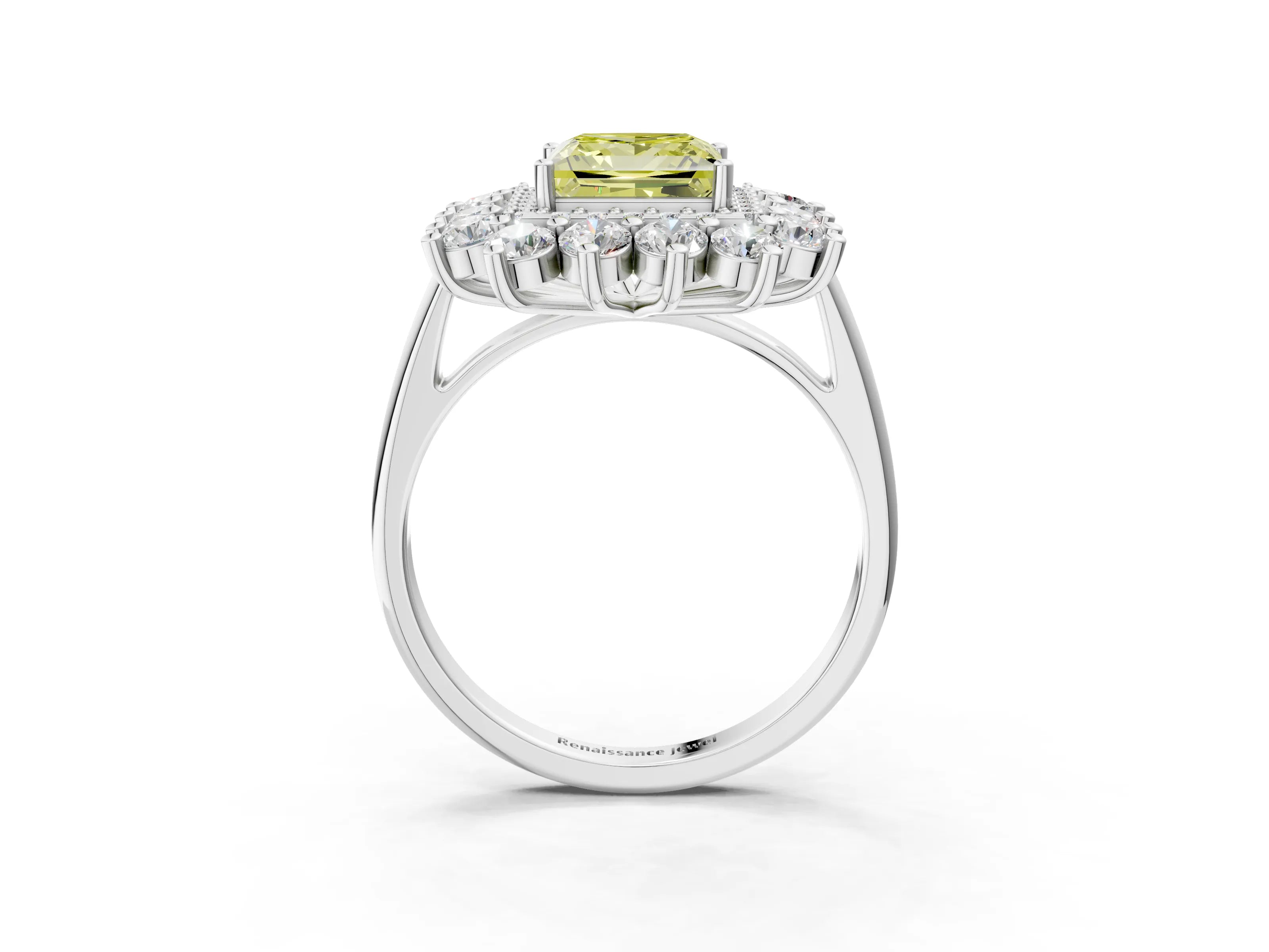 White gold Fancy Yellow Princess Cut Halo Cluster Diamond Ring with Pave Band and Four-Prong Setting_16