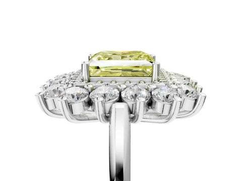 White gold Fancy Yellow Princess Cut Halo Cluster Diamond Ring with Pave Band and Four-Prong Setting_17