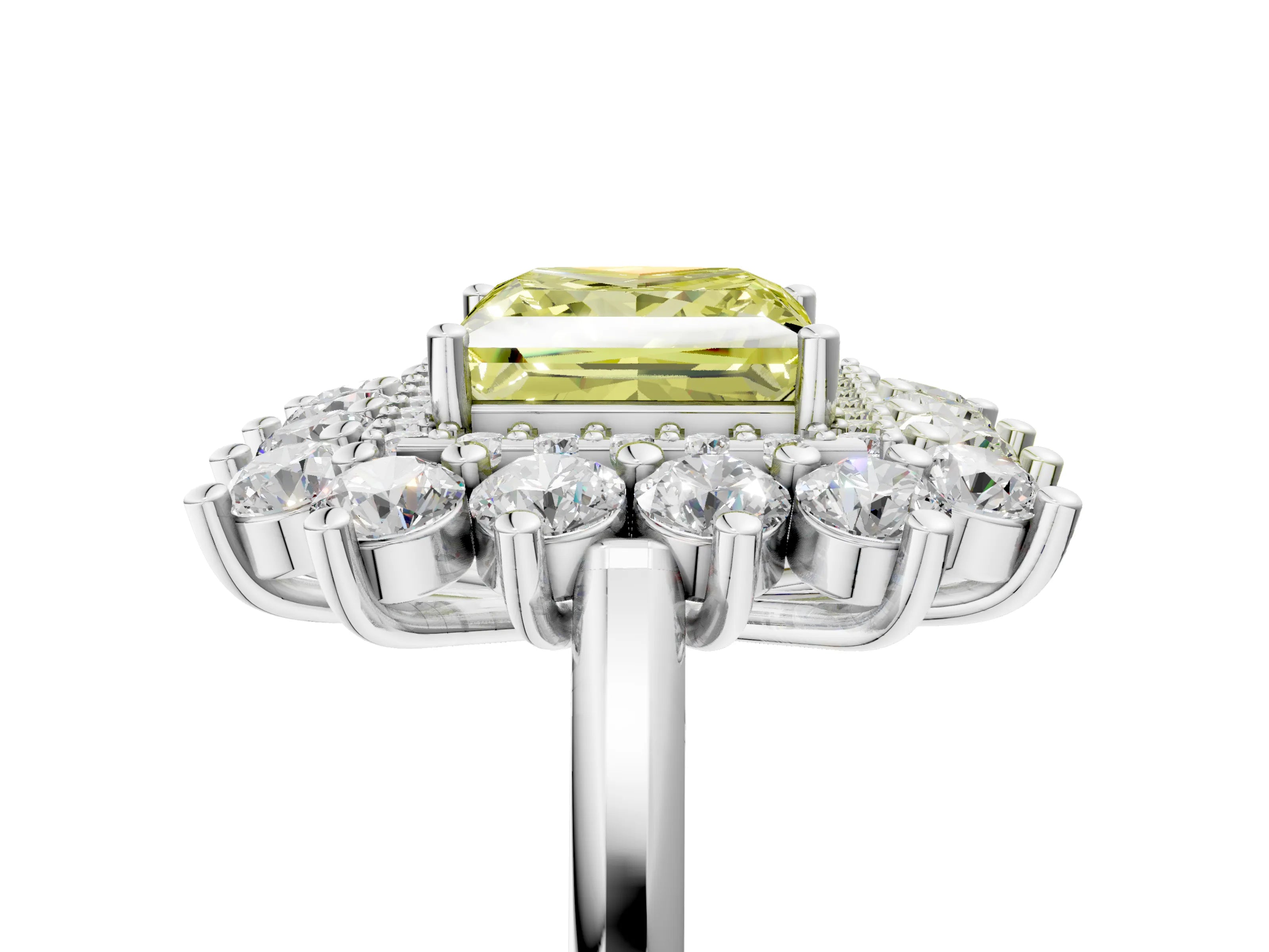 White gold Fancy Yellow Princess Cut Halo Cluster Diamond Ring with Pave Band and Four-Prong Setting_18