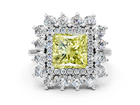 White gold Fancy Yellow Princess Cut Halo Cluster Diamond Ring with Pave Band and Four-Prong Setting