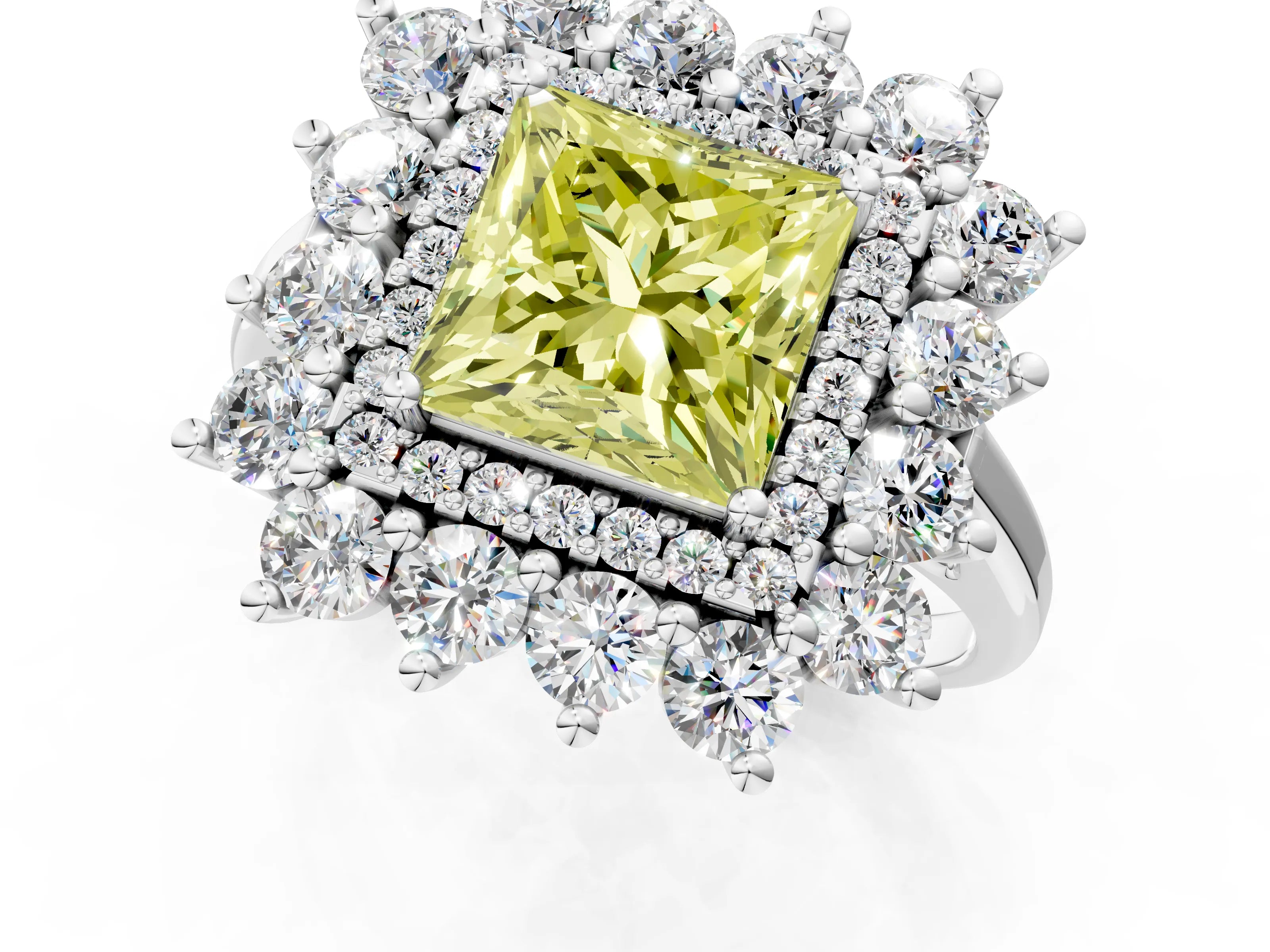 White gold Fancy Yellow Princess Cut Halo Cluster Diamond Ring with Pave Band and Four-Prong Setting_1
