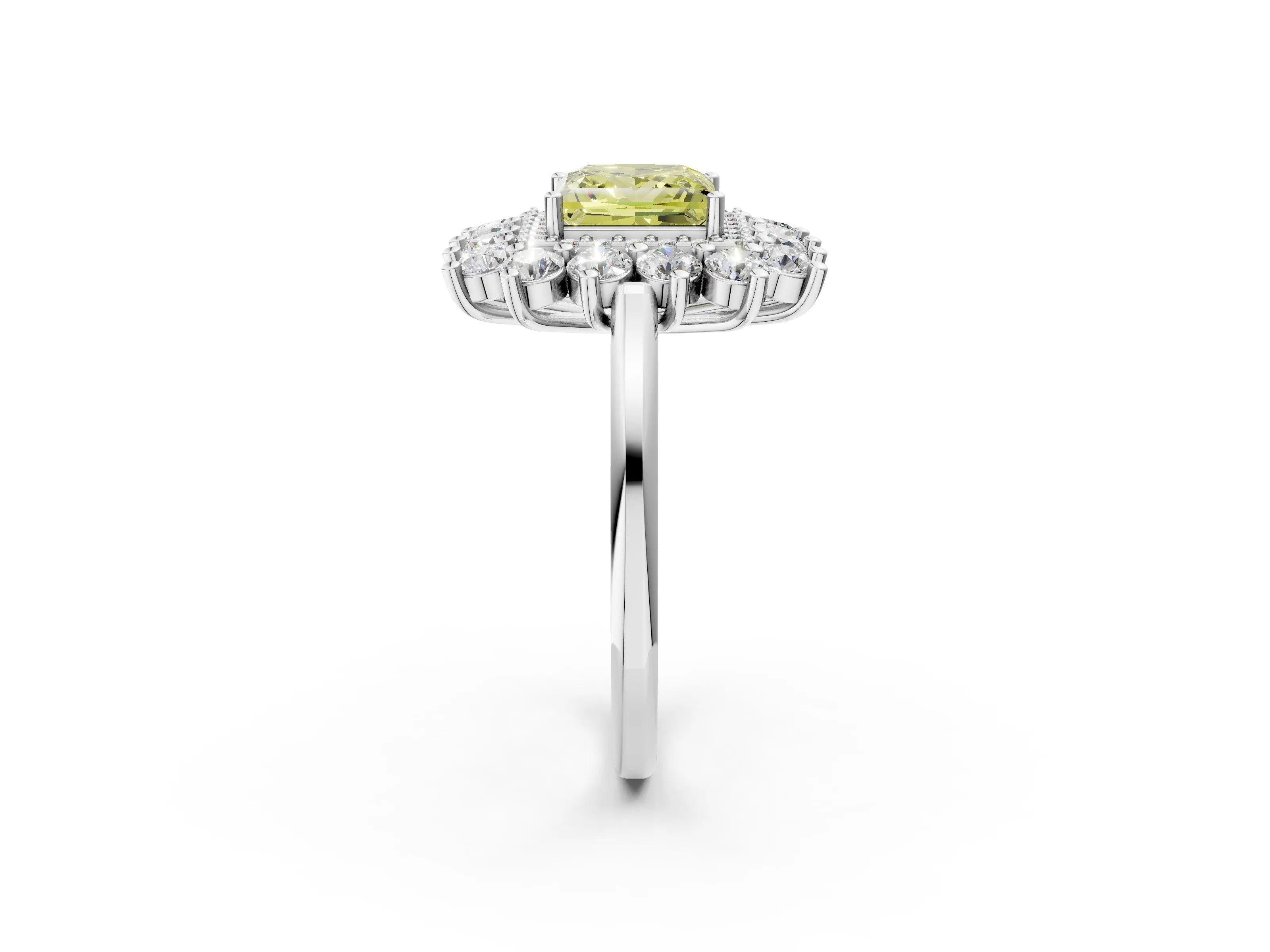 White gold Fancy Yellow Princess Cut Halo Cluster Diamond Ring with Pave Band and Four-Prong Setting_2