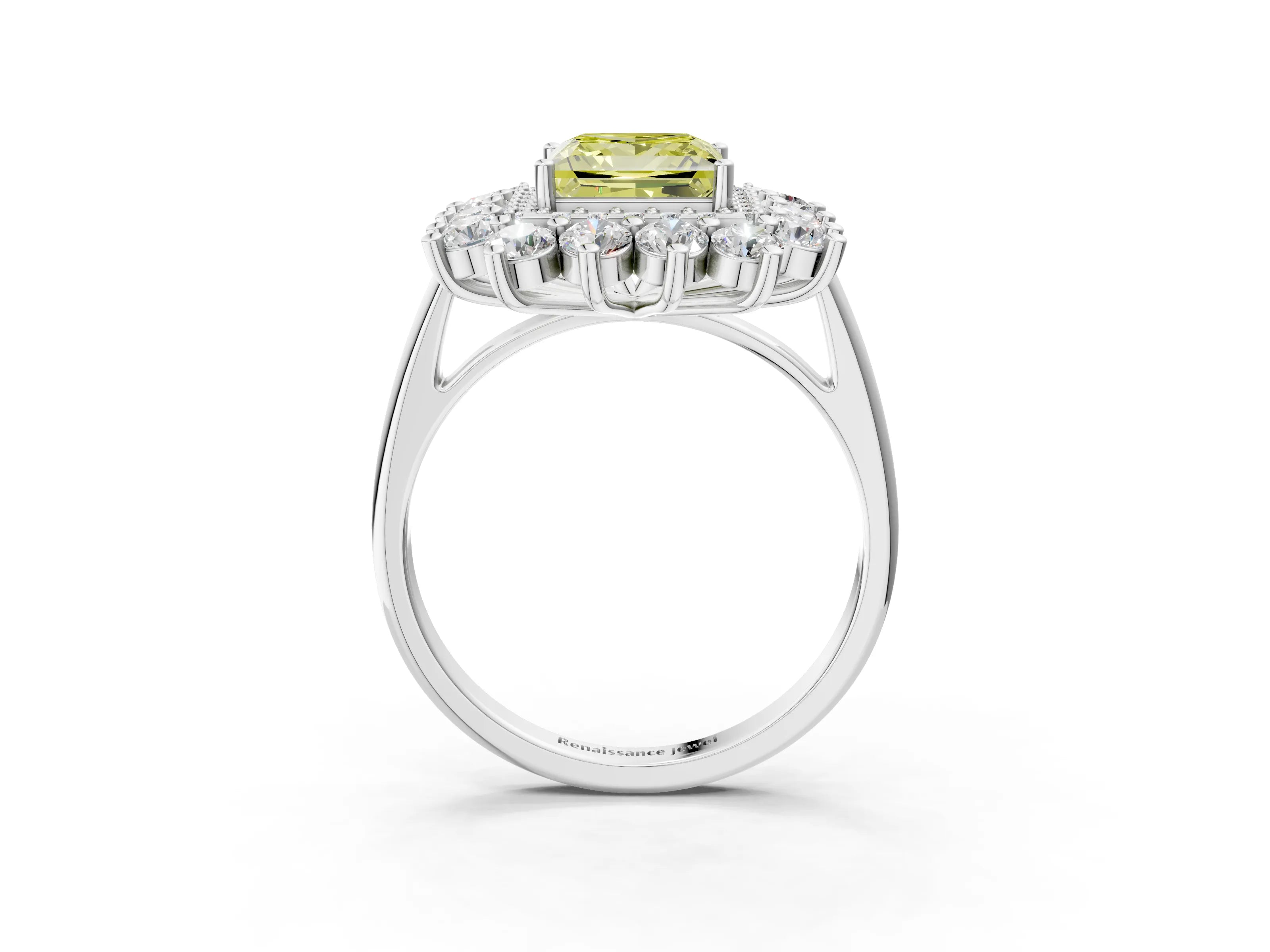 White gold Fancy Yellow Princess Cut Halo Cluster Diamond Ring with Pave Band and Four-Prong Setting_3