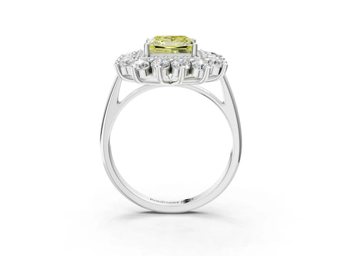White gold Fancy Yellow Princess Cut Halo Cluster Diamond Ring with Pave Band and Four-Prong Setting_3