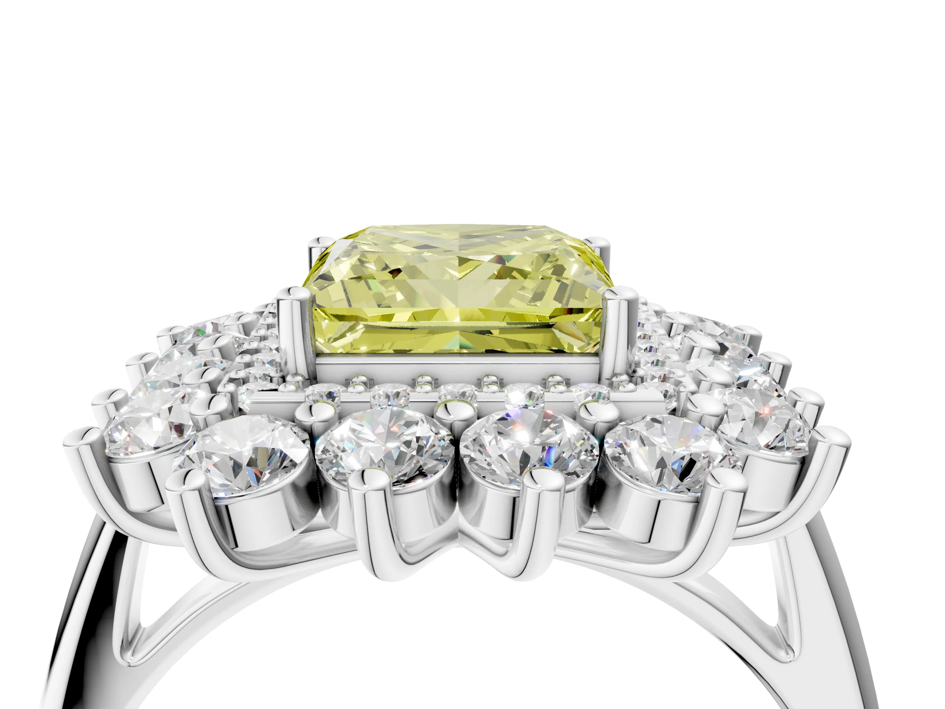 White gold Fancy Yellow Princess Cut Halo Cluster Diamond Ring with Pave Band and Four-Prong Setting_4
