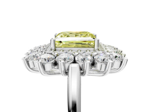 White gold Fancy Yellow Princess Cut Halo Cluster Diamond Ring with Pave Band and Four-Prong Setting_5