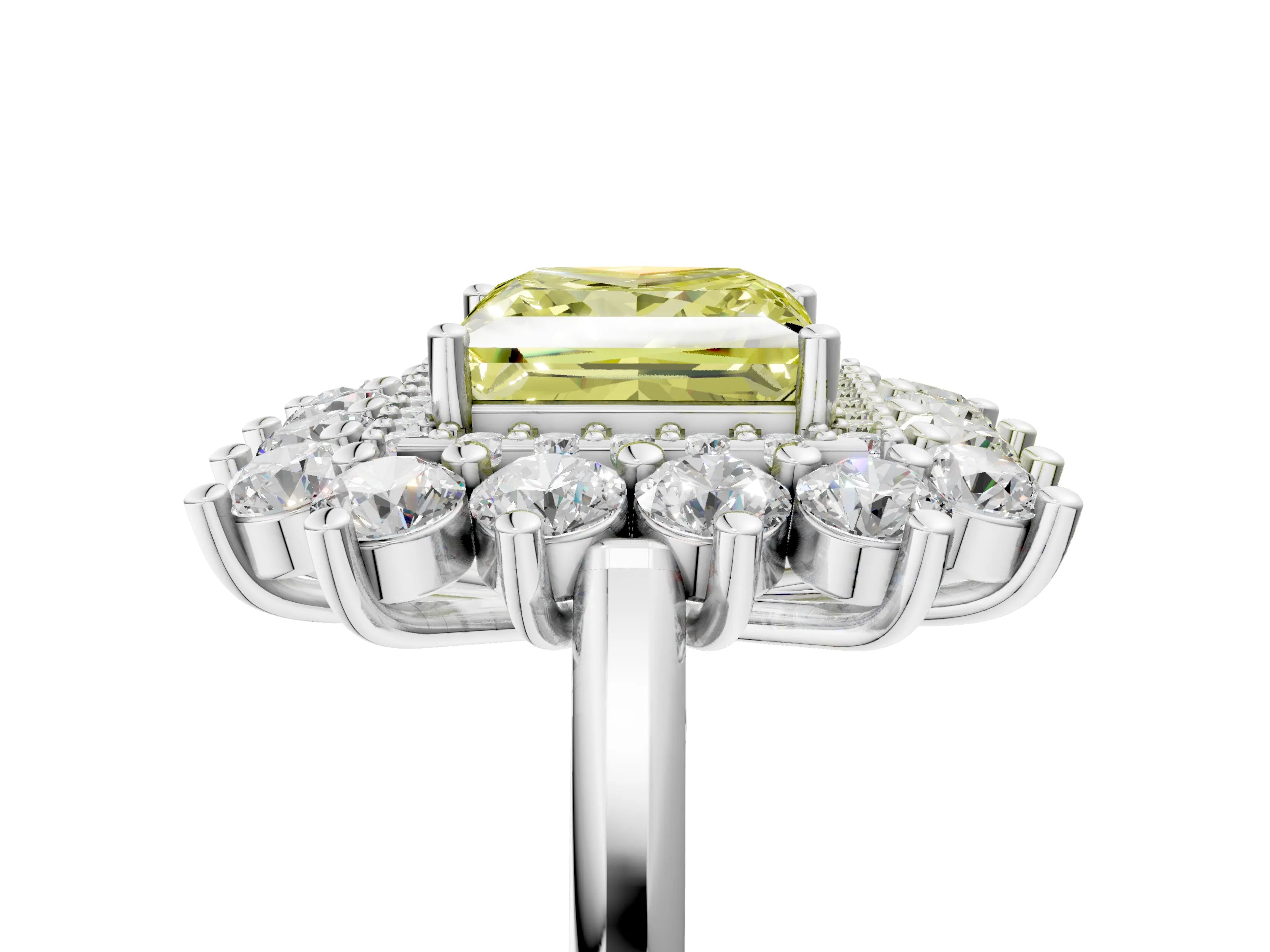 White gold Fancy Yellow Princess Cut Halo Cluster Diamond Ring with Pave Band and Four-Prong Setting_5