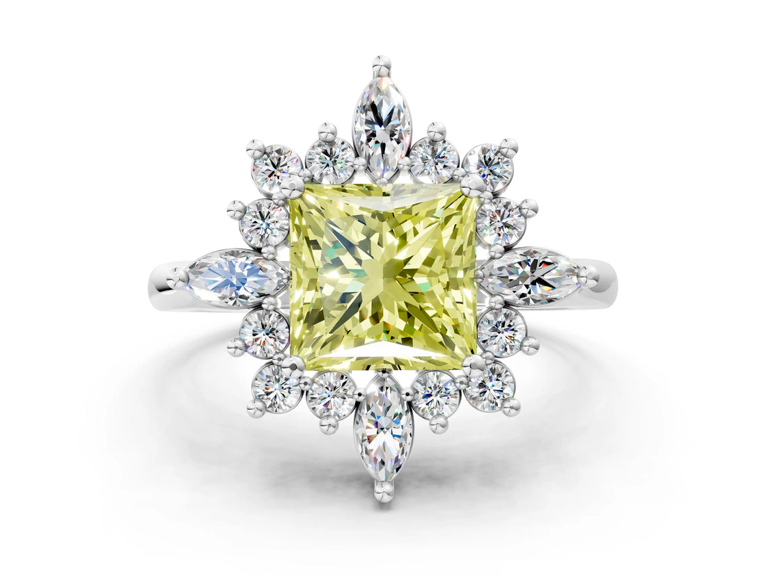 White gold Fancy Yellow Princess Cut Halo Diamond Cluster Ring with Marquise and Round Stones on a White Gold Band with Prong Setting