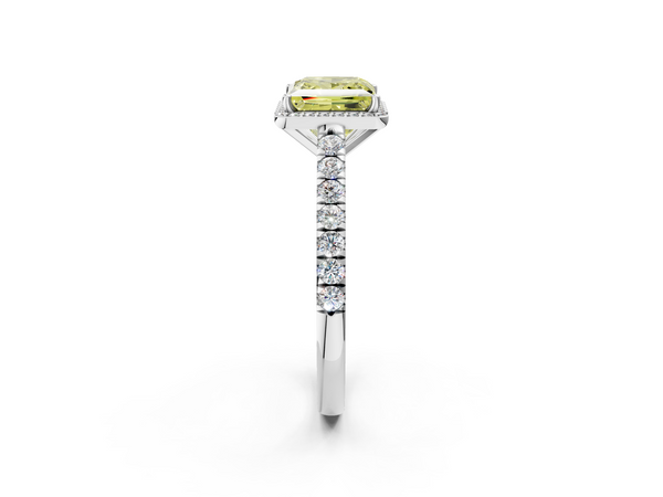 White gold Fancy Yellow Princess  Cut Halo Diamond Engagement Ring with Pave Band and Four-Prong Setting