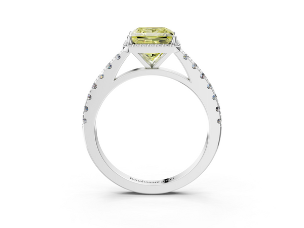White gold Fancy Yellow Princess  Cut Halo Diamond Engagement Ring with Pave Band and Four-Prong Setting