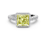 White gold Fancy Yellow Princess  Cut Halo Diamond Engagement Ring with Pave Band and Four-Prong Setting
