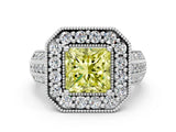 White gold Fancy Yellow Princess Cut Halo Diamond Engagement Ring with Pave Split Shank and Four-Prong Setting
