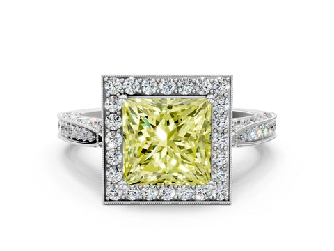 White gold Fancy Yellow Princess Cut Halo Diamond Engagement Ring with Split Shank Band and Four-Prong Setting_12