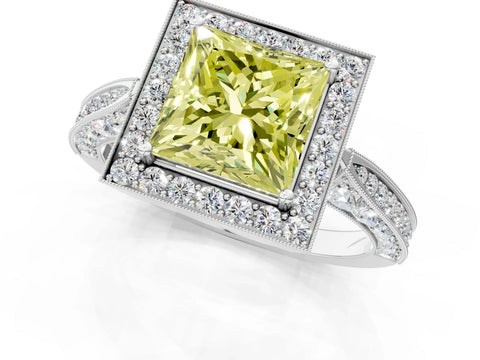 White gold Fancy Yellow Princess Cut Halo Diamond Engagement Ring with Split Shank Band and Four-Prong Setting_13