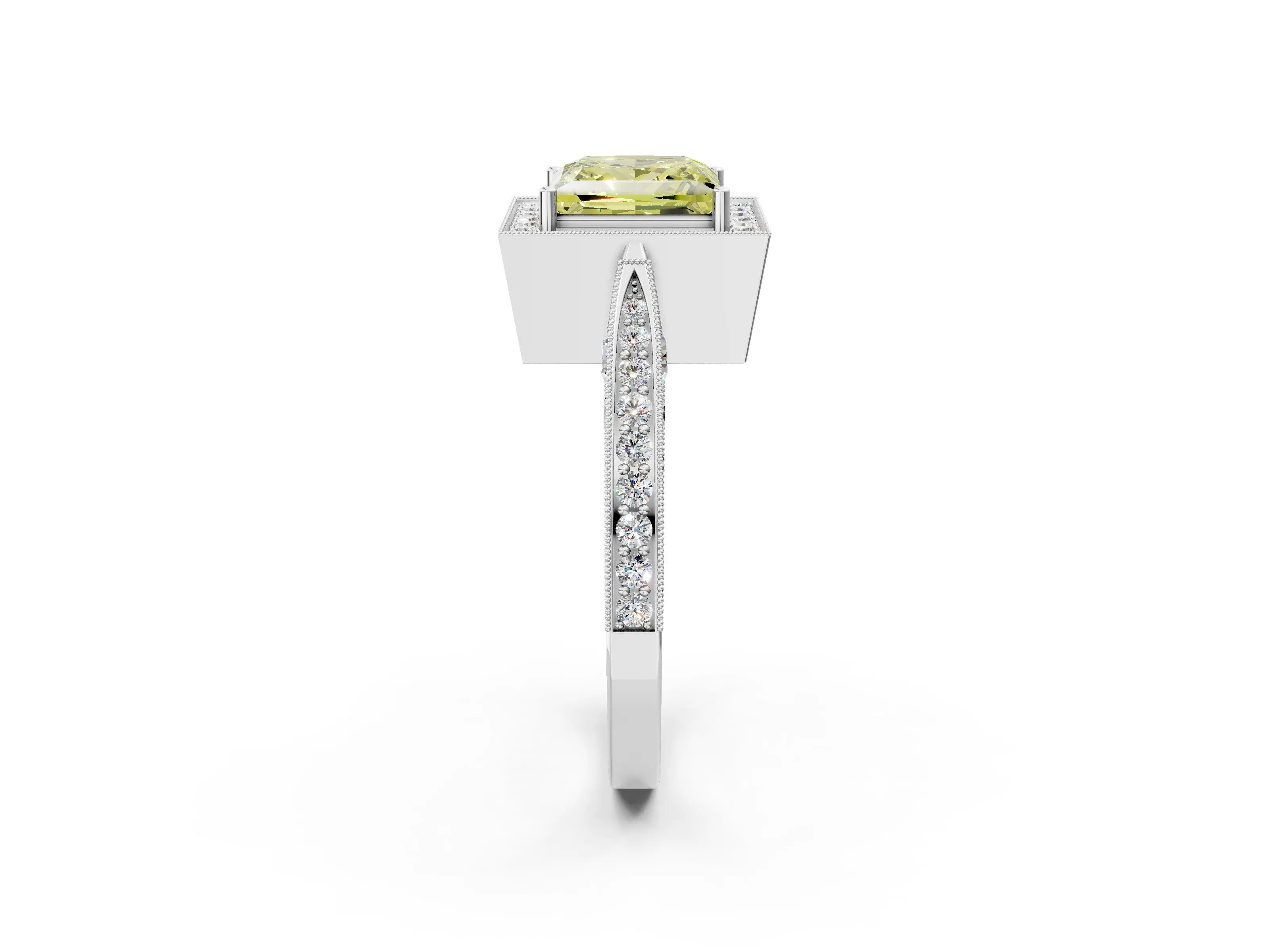 White gold Fancy Yellow Princess Cut Halo Diamond Engagement Ring with Split Shank Band and Four-Prong Setting_14