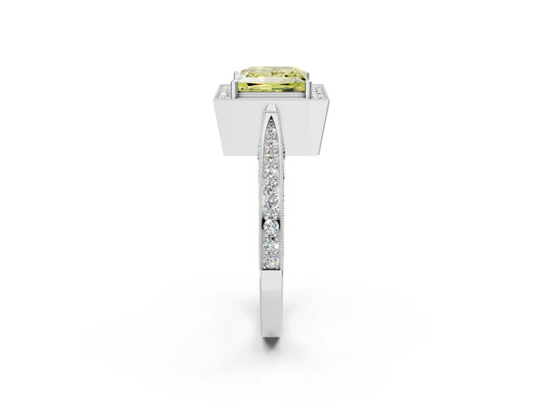 White gold Fancy Yellow Princess Cut Halo Diamond Engagement Ring with Split Shank Band and Four-Prong Setting
