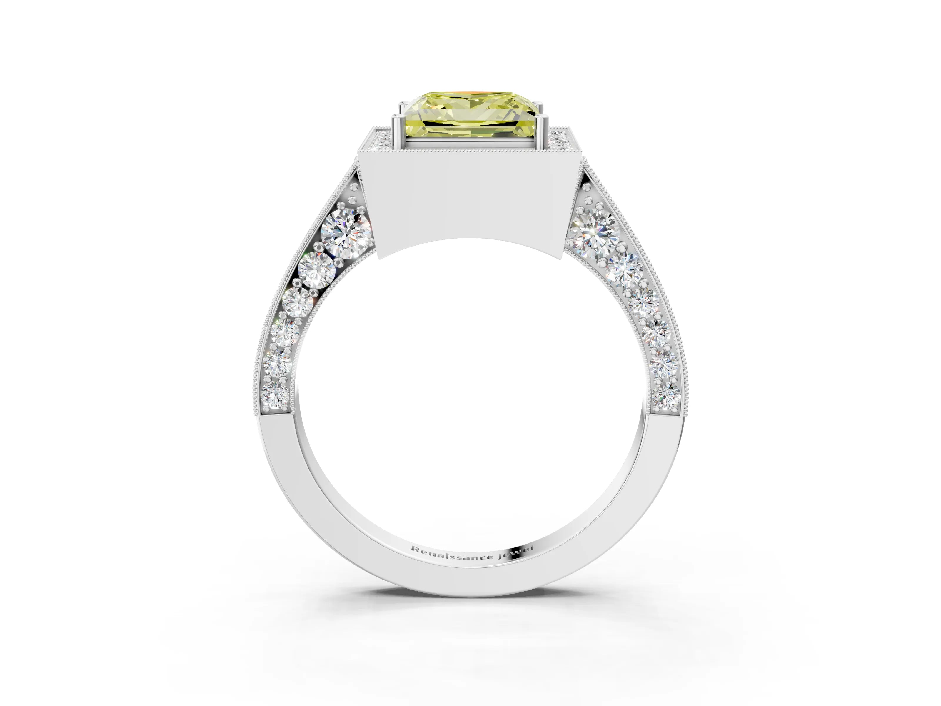 White gold Fancy Yellow Princess Cut Halo Diamond Engagement Ring with Split Shank Band and Four-Prong Setting_15