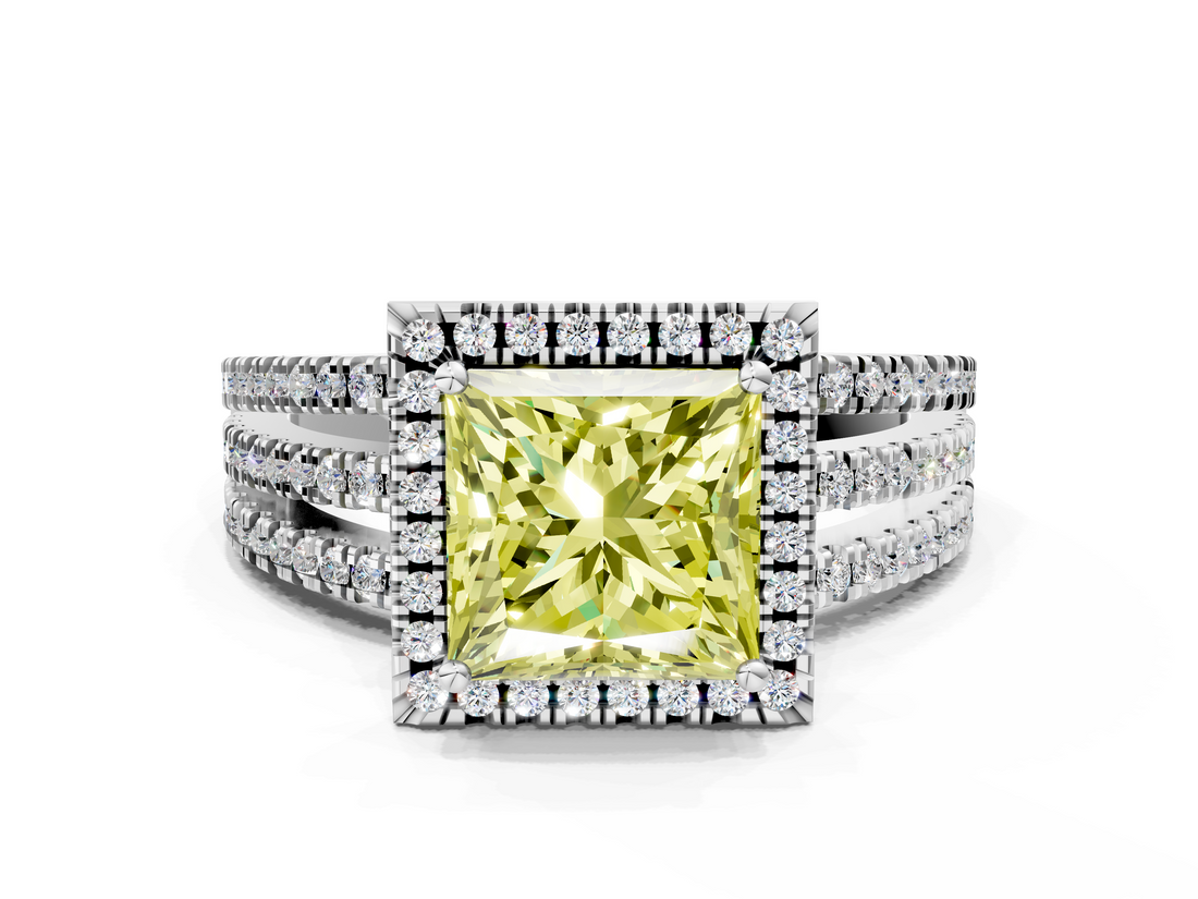 White gold Fancy Yellow Princess  Cut Halo Diamond Engagement Ring with Split Shank and Four-Prong Setting