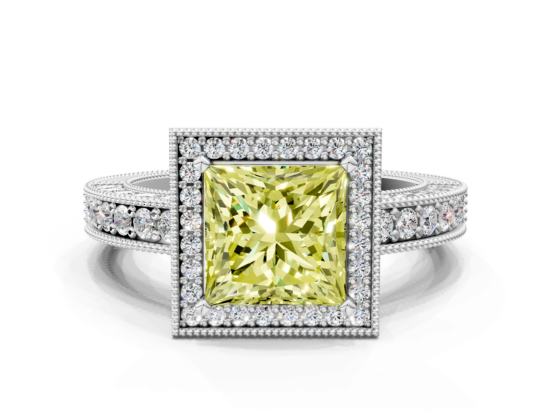 White gold Fancy Yellow Princess  Cut Halo Diamond Pave Band Ring with Four-Prong Setting