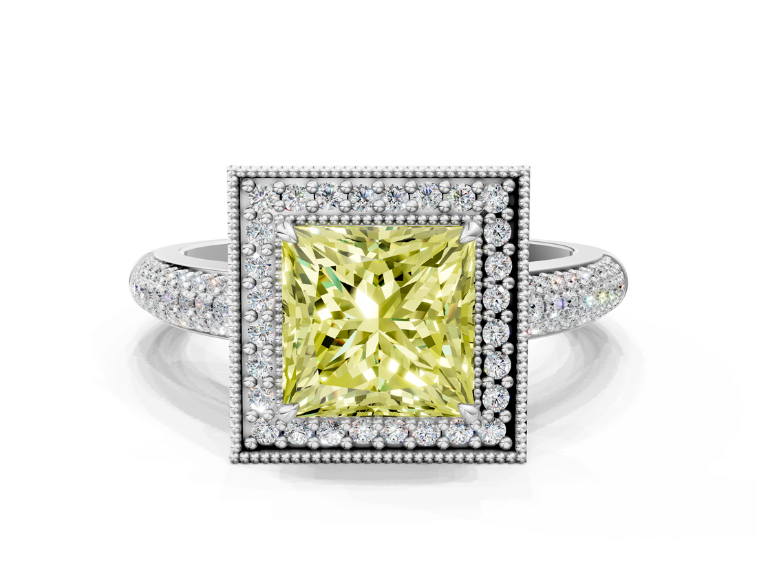 White gold Fancy Yellow Princess  Cut Halo Diamond Pave Band with Four-Prong Setting