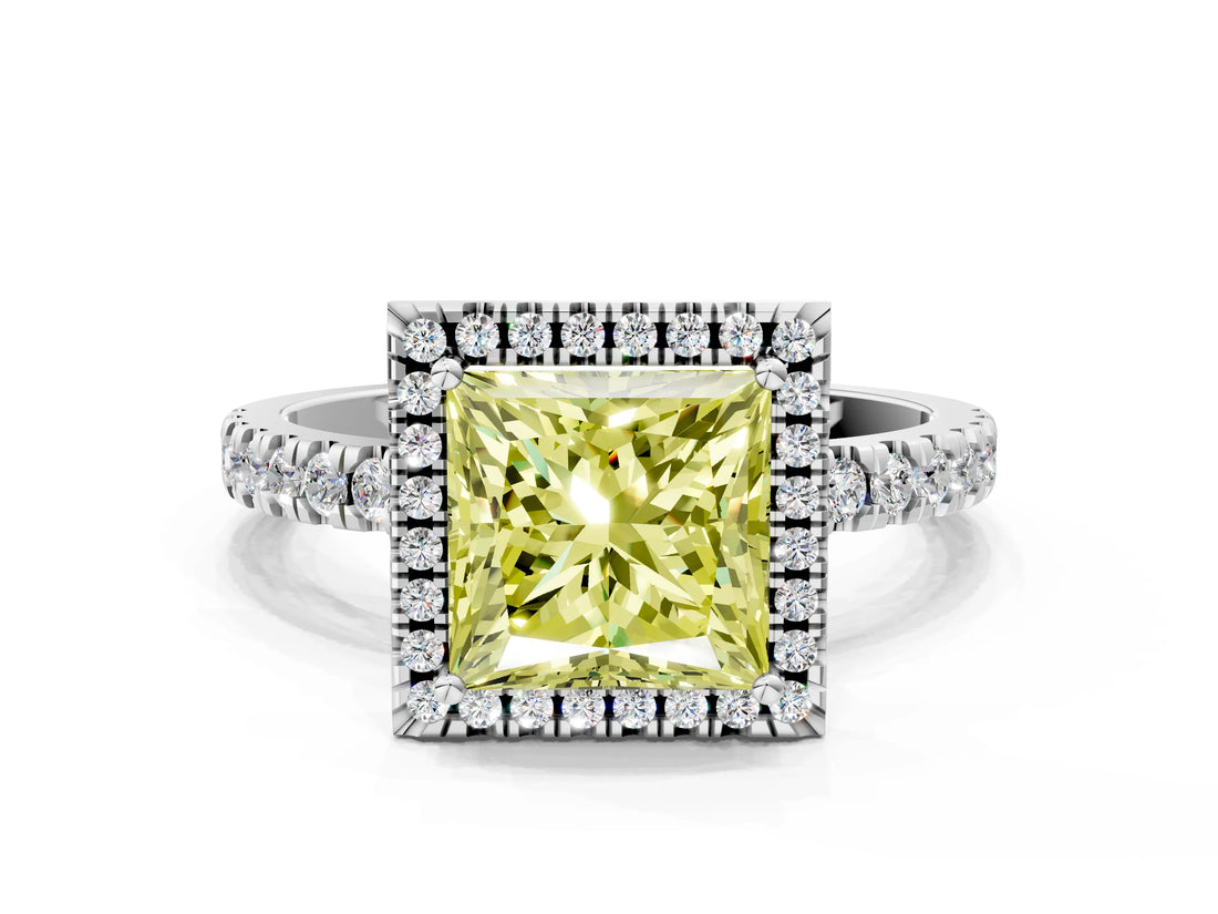 White gold Fancy Yellow Princess Cut Halo Diamond Pave Band with Prong Setting