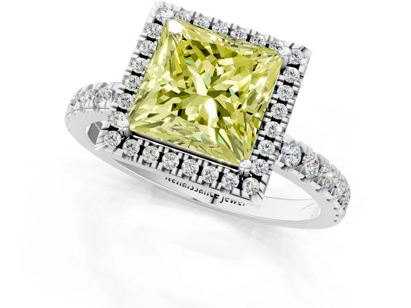 White gold Fancy Yellow Princess Cut Halo Diamond Pave Band with Prong Setting