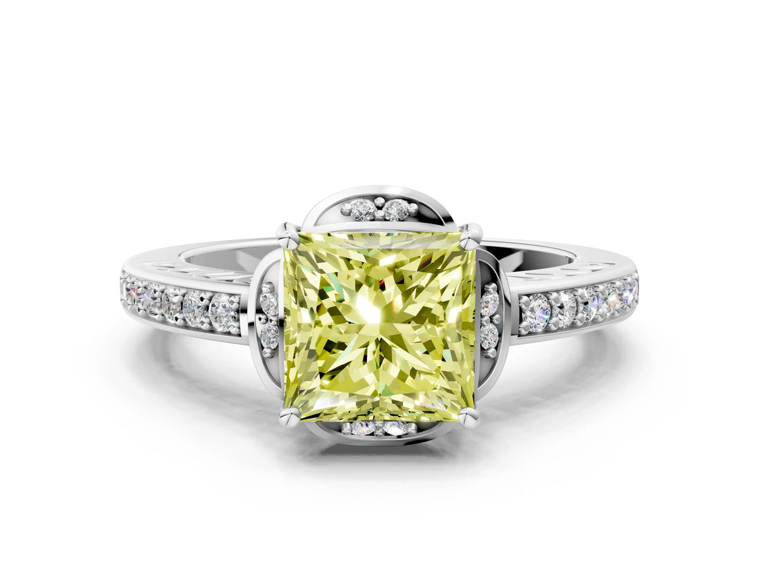 White gold Fancy Yellow Princess  Cut Halo Diamond Ring with Channel Set Band and Four-Prong Setting_29