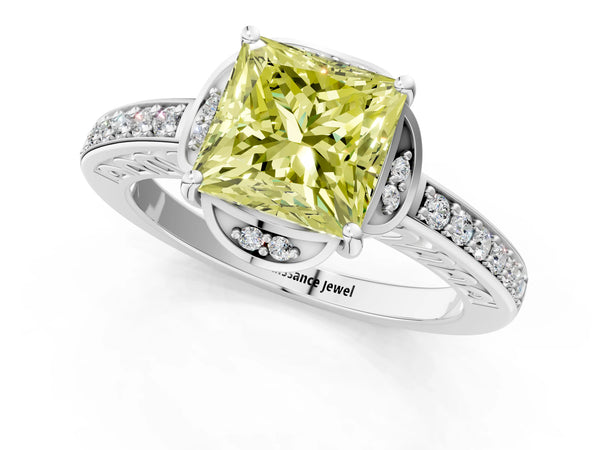 White gold Fancy Yellow Princess  Cut Halo Diamond Ring with Channel Set Band and Four-Prong Setting
