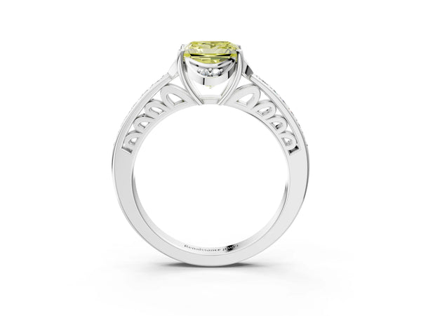 White gold Fancy Yellow Princess  Cut Halo Diamond Ring with Channel Set Band and Four-Prong Setting