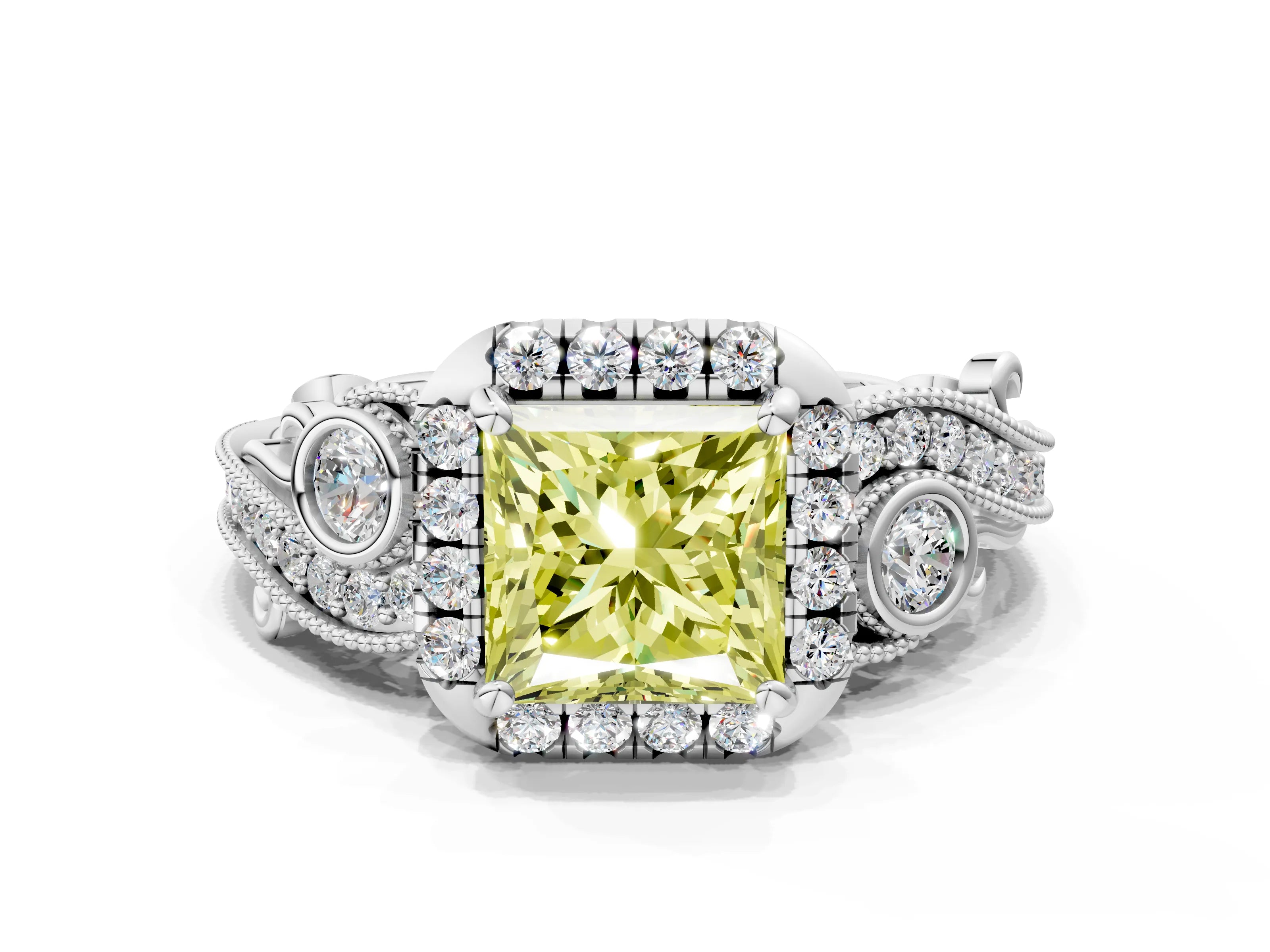 White gold Fancy Yellow Princess Cut Halo Diamond Ring with Milgrain and Bezel Accents on a Split Shank Band