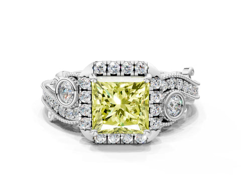 White gold Fancy Yellow Princess Cut Halo Diamond Ring with Milgrain and Bezel Accents on a Split Shank Band