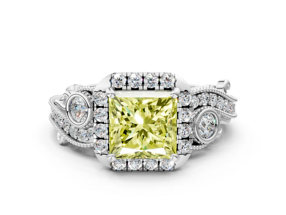 White gold Fancy Yellow Princess Cut Halo Diamond Ring with Milgrain and Bezel Accents on a Split Shank Band_12