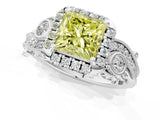 White gold Fancy Yellow Princess Cut Halo Diamond Ring with Milgrain and Bezel Accents on a Split Shank Band_13