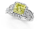 White gold Fancy Yellow Princess Cut Halo Diamond Ring with Milgrain and Bezel Accents on a Split Shank Band_13