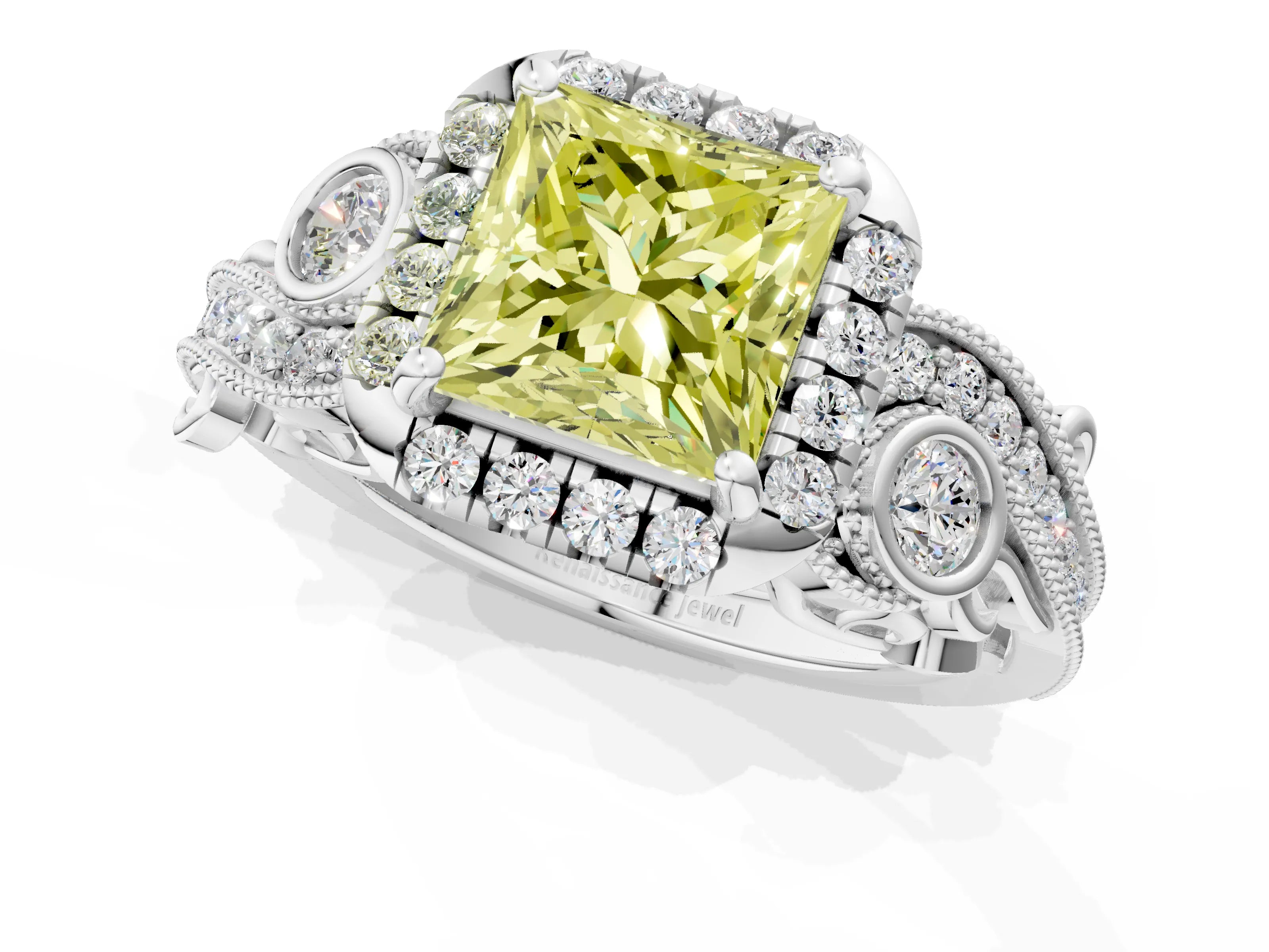 White gold Fancy Yellow Princess Cut Halo Diamond Ring with Milgrain and Bezel Accents on a Split Shank Band_1