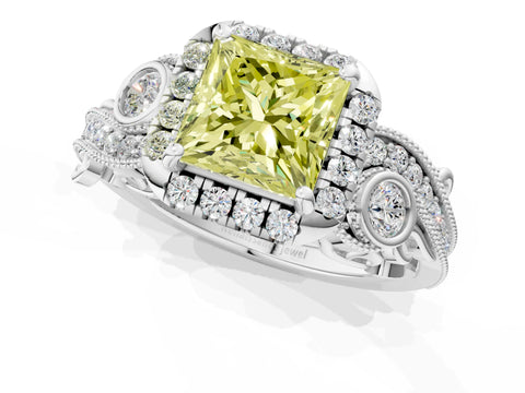 White gold Fancy Yellow Princess Cut Halo Diamond Ring with Milgrain and Bezel Accents on a Split Shank Band_1