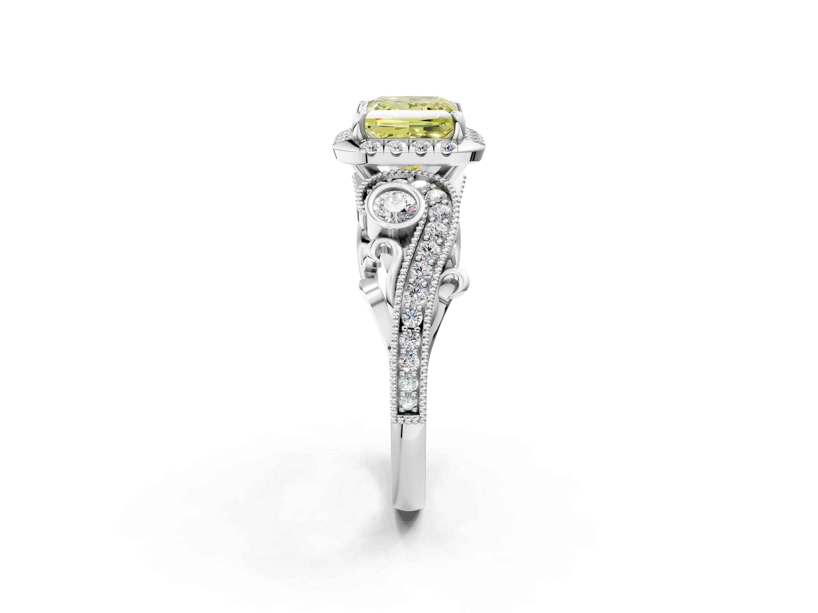 White gold Fancy Yellow Princess Cut Halo Diamond Ring with Milgrain and Bezel Accents on a Split Shank Band_2