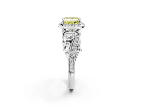White gold Fancy Yellow Princess Cut Halo Diamond Ring with Milgrain and Bezel Accents on a Split Shank Band_2