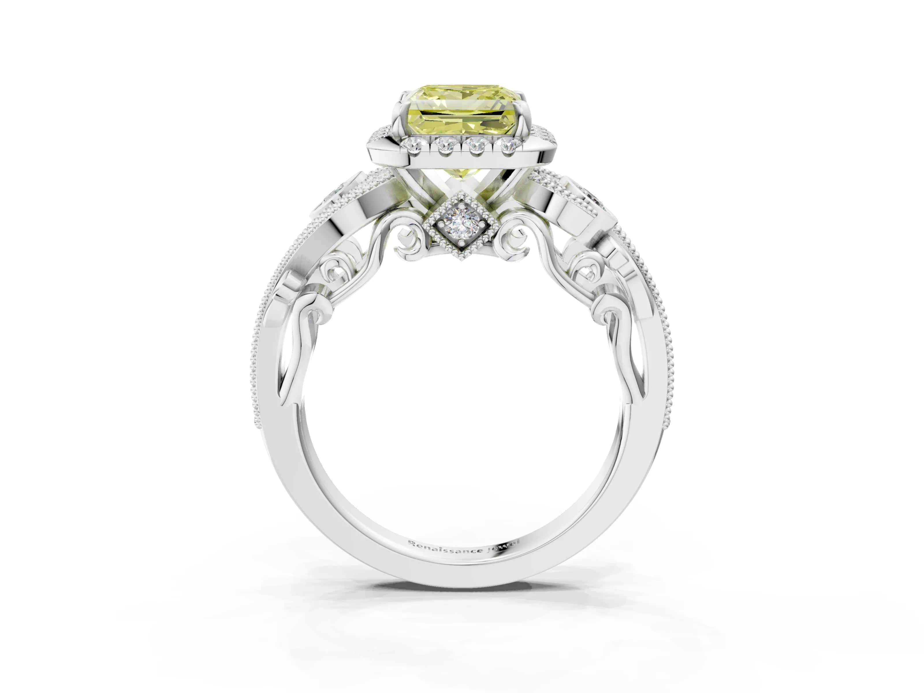 White gold Fancy Yellow Princess Cut Halo Diamond Ring with Milgrain and Bezel Accents on a Split Shank Band_3