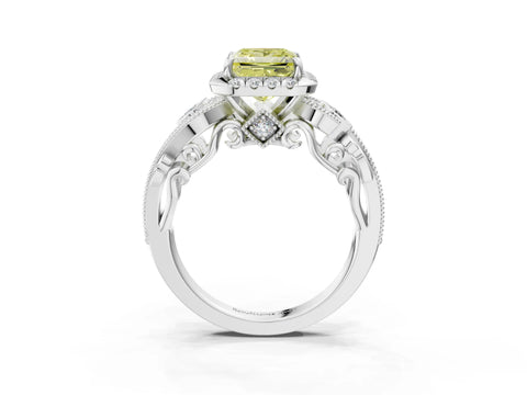 White gold Fancy Yellow Princess Cut Halo Diamond Ring with Milgrain and Bezel Accents on a Split Shank Band_3