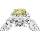 White gold Fancy Yellow Princess Cut Halo Diamond Ring with Milgrain and Bezel Accents on a Split Shank Band_4