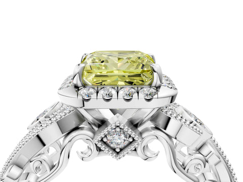 White gold Fancy Yellow Princess Cut Halo Diamond Ring with Milgrain and Bezel Accents on a Split Shank Band_4