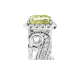 White gold Fancy Yellow Princess Cut Halo Diamond Ring with Milgrain and Bezel Accents on a Split Shank Band_5