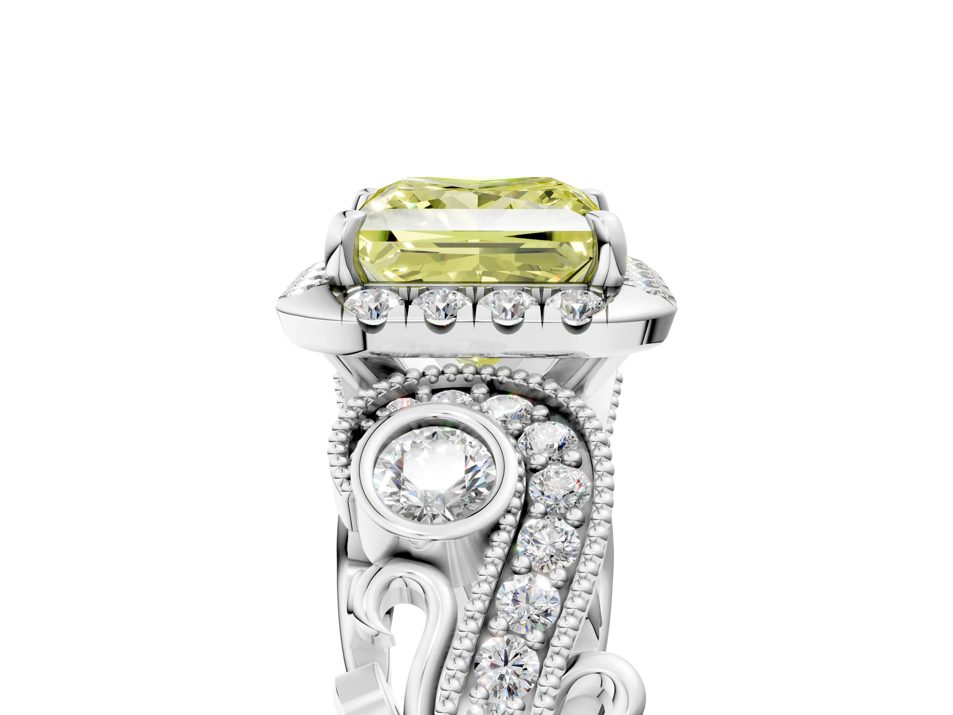 White gold Fancy Yellow Princess Cut Halo Diamond Ring with Milgrain and Bezel Accents on a Split Shank Band_5