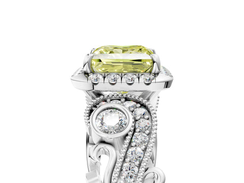 White gold Fancy Yellow Princess Cut Halo Diamond Ring with Milgrain and Bezel Accents on a Split Shank Band_5