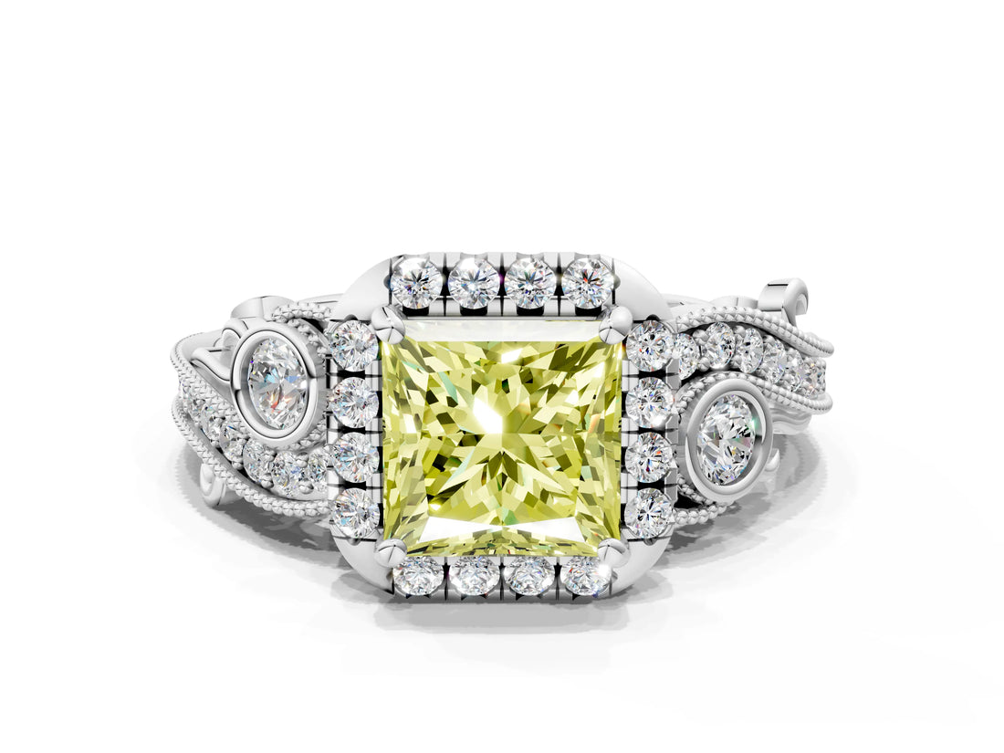 White gold Fancy Yellow Princess Cut Halo Diamond Ring with Milgrain and Bezel Accents on a Split Shank Band
