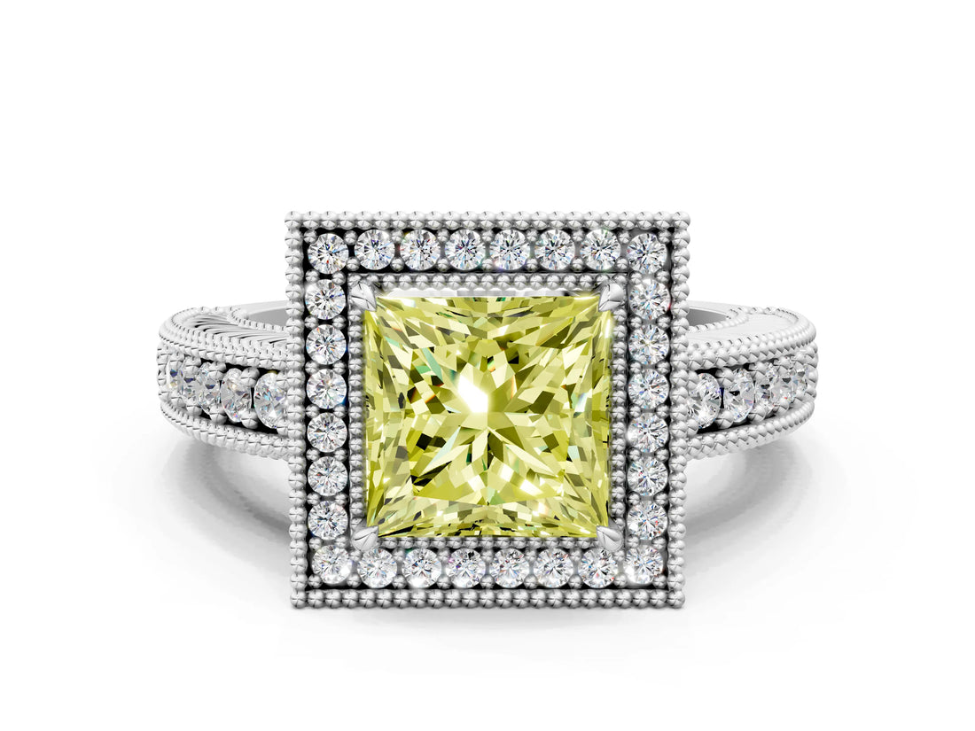 White gold Fancy Yellow Princess  Cut Halo Diamond Ring with Pavé Band and Four-Prong Setting_29