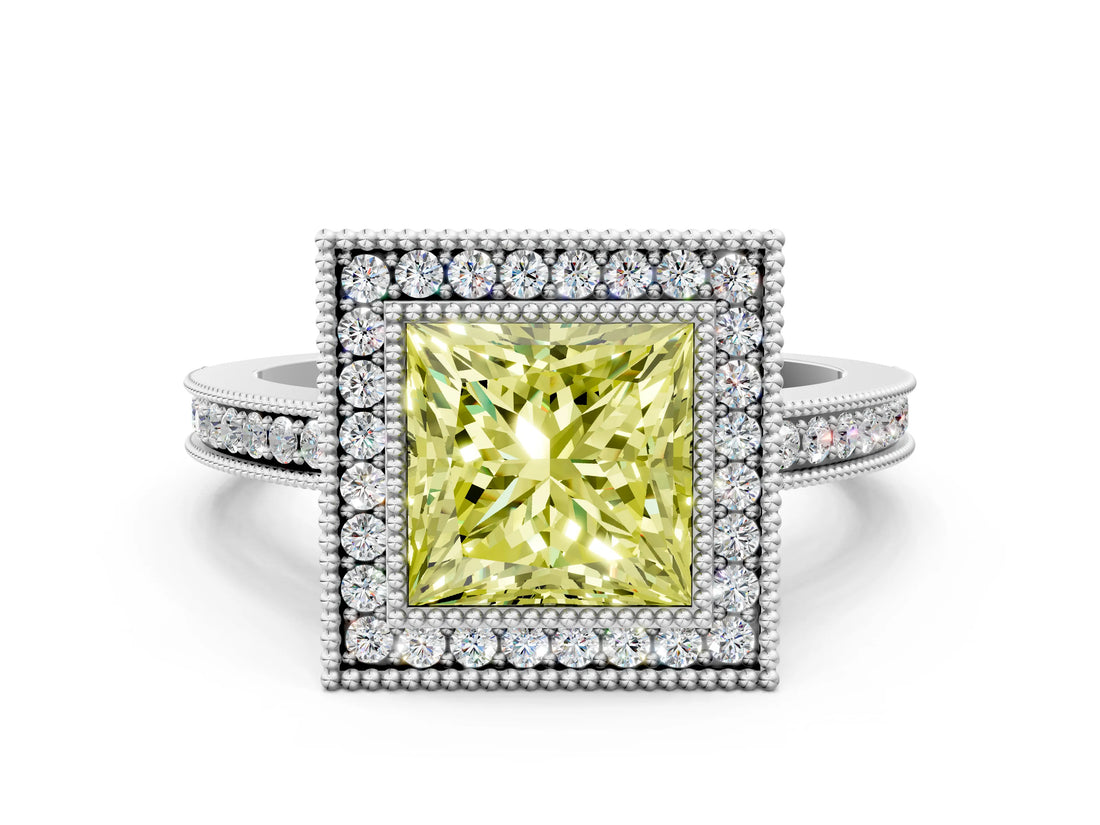 White gold Fancy Yellow Princess  Cut Halo Diamond Ring with Pavé Band and Milgrain Prong Setting_50